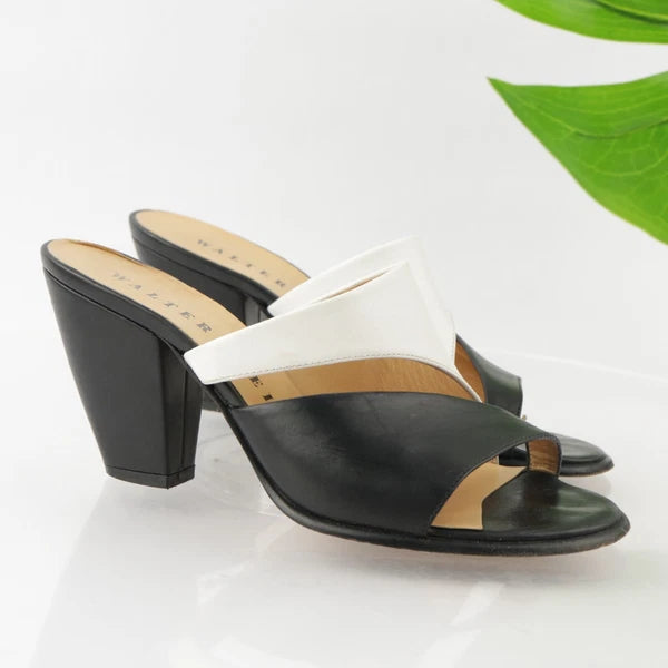 Walter Steiger Italy Women's Sandal Size 8 Block Heel Mule Slide Black White