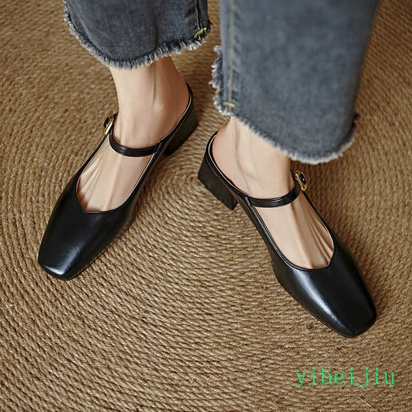 Women's Square Toe Mules Slides Low Heel Sandal Slingbacks Casual Shoes Office