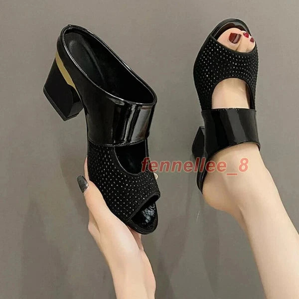 Women Sandals Square Heel Pumps Fashion Summer High Heels Slides Slippers Shoes