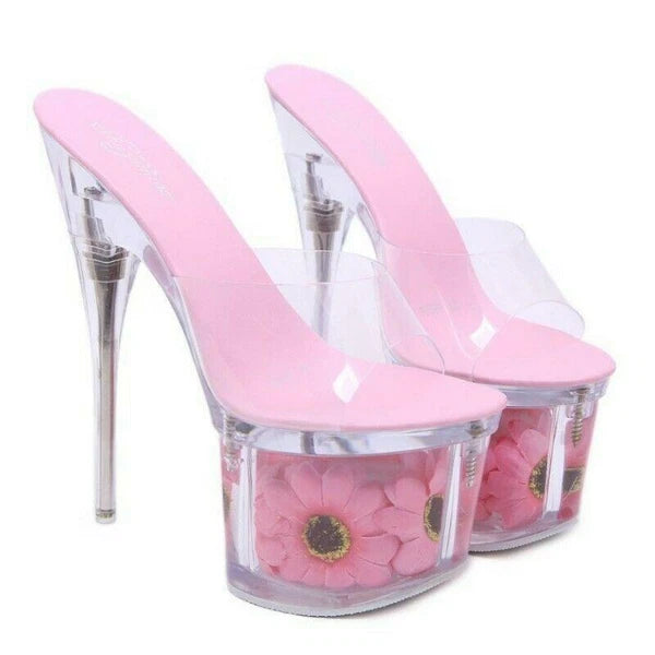 Women's Clear Transparent Flower Slipper Mules Slides Platform High Heel Sandals