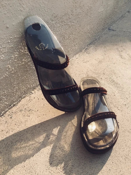 Vtg NEW Rose’s Roses Hand-Beaded Burgundy Velvet, Leather Slide Sandals, Size 6
