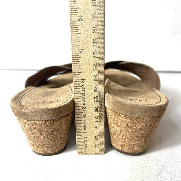 UGG Women's 9 Beige Leather Cross Slide Cork Wedge Summer Casual Sandals Slip On