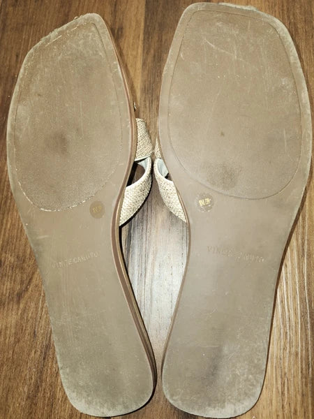 Womens Sz 8M Vince Camuto Flat Slide On Sandals, Tan w Burlap Style Straps, EUC