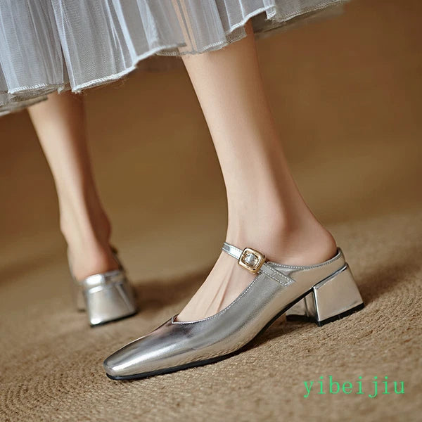 Women's Square Toe Mules Slides Low Heel Sandal Slingbacks Casual Shoes Office
