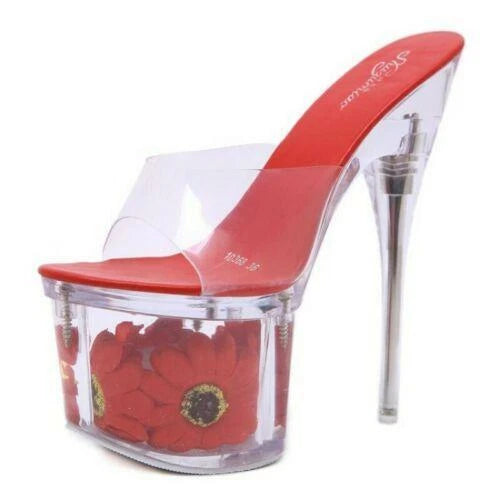 Women's Clear Transparent Flower Slipper Mules Slides Platform High Heel Sandals