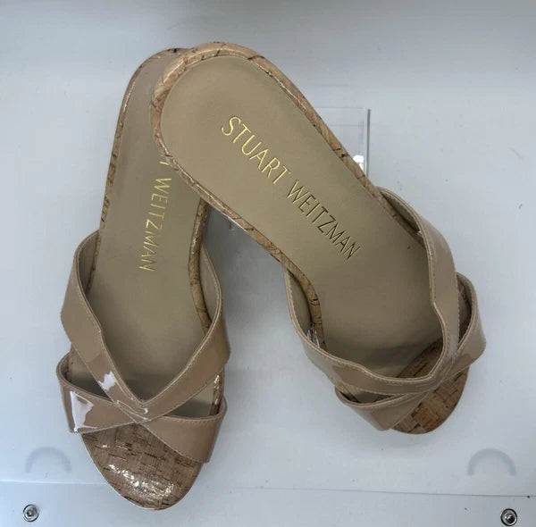 Stuart Weitzman CARMEN Platform Wedges 8 Adobe Slide Sandal Patent Leather $395
