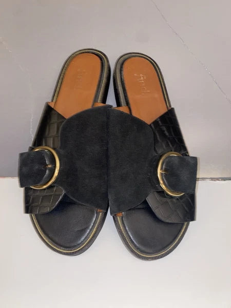 Find Black & Gold Leather Suede Croc Print Slide Sandals | Classic Style 7.5