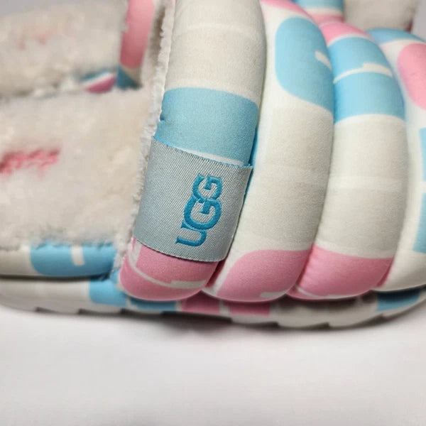 UGG Unisex Chunky Maxi Platform Sheepskin Slide Sandals Pink/Blue Sz W 8.5 /M 7