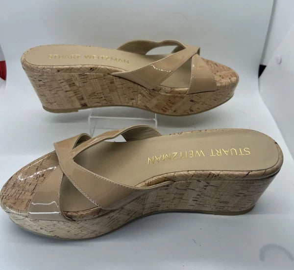 Stuart Weitzman CARMEN Platform Wedges 8 Adobe Slide Sandal Patent Leather $395