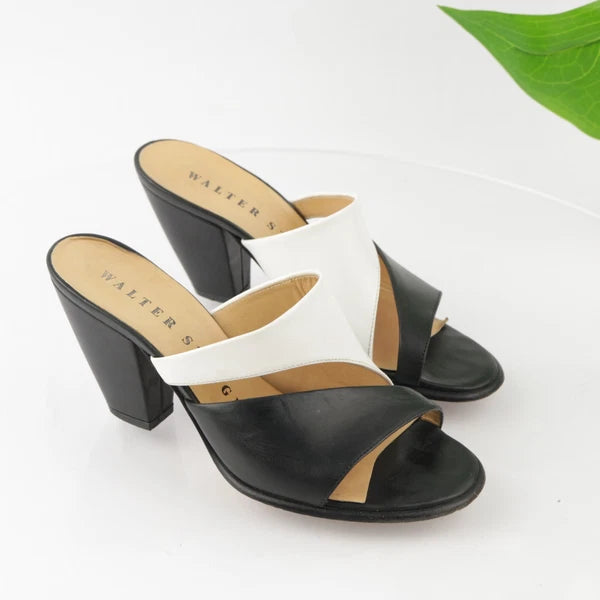 Walter Steiger Italy Women's Sandal Size 8 Block Heel Mule Slide Black White
