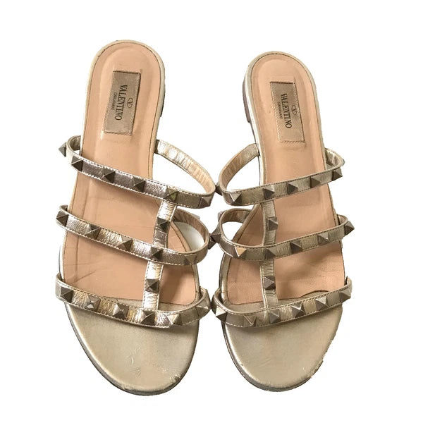 Valentino Rockstud Flat City Slide Sandals Womens 37.5 7.5 Metallic Leather Shoe