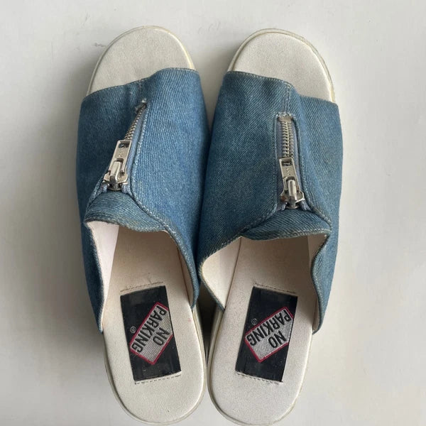 Y2K Denim Mules Heeled Sandals Zip Open Toe 90s Platform Shoes Women's Size 7.5