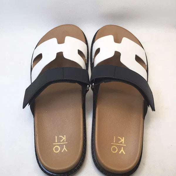 Yoki Fashion Womens Nicole White/Black Comfort Footbed Slide Sandal Size 11