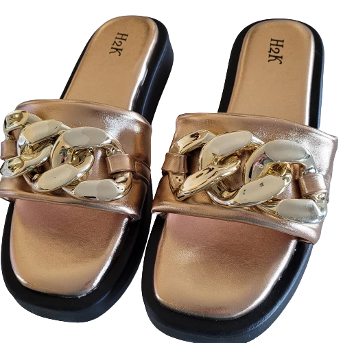 H2K Chain Rose Gold Fashion Comfort Soft Slides Flip Flops Sandals  Open Toe New