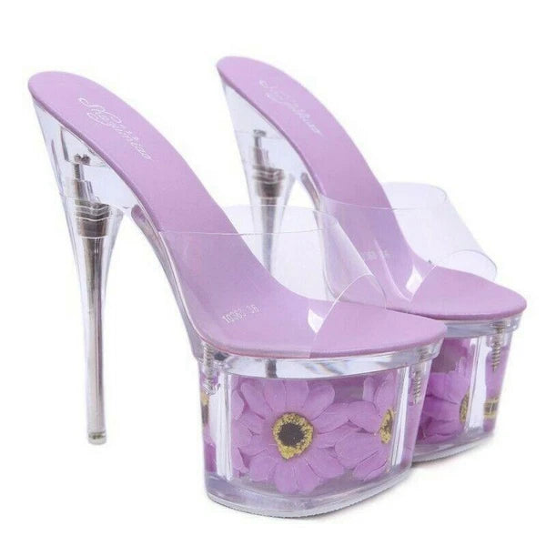 Women's Clear Transparent Flower Slipper Mules Slides Platform High Heel Sandals