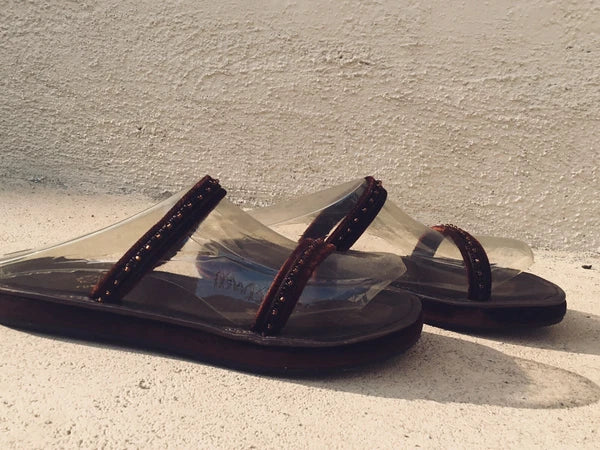 Vtg NEW Rose’s Roses Hand-Beaded Burgundy Velvet, Leather Slide Sandals, Size 6