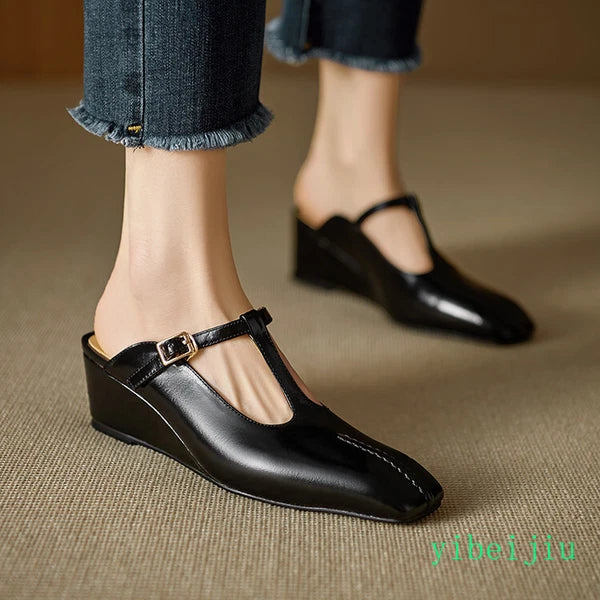 Women's Slippers Real Leather Mules Slides T Bar Sandals Comfort Date Shoes 2025