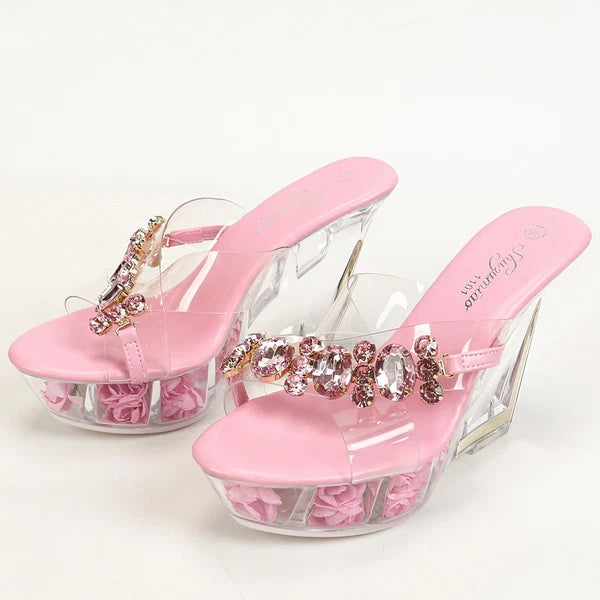 Women's Clear Crystal Platform High Wedge Sandals Mules Slides Shoes Party 2025