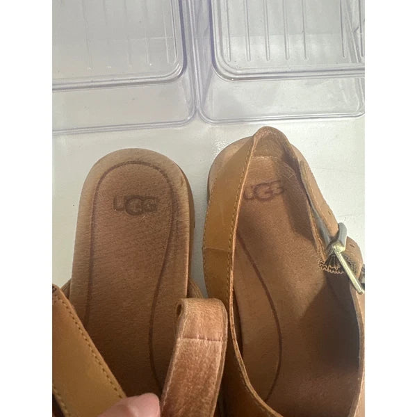UGG Tan Leather Cross Strap Adjustable Buckle White Sole Sandals