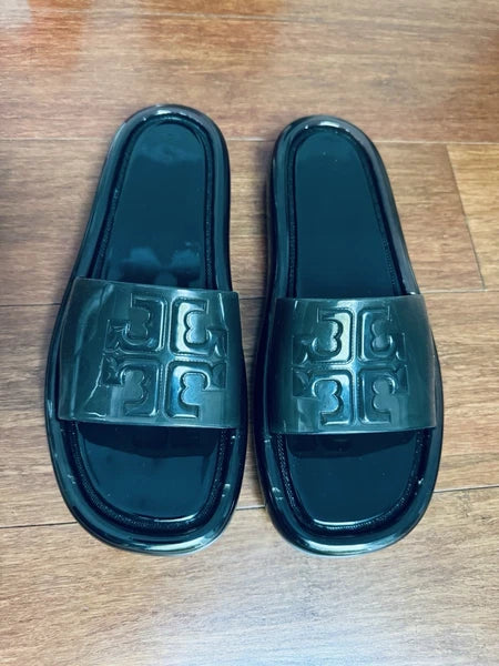 Tory Burch Bubble Jelly Slide Sandal With Logo  Black Sz 10
