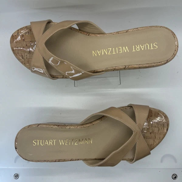 Stuart Weitzman CARMEN Platform Wedges 8 Adobe Slide Sandal Patent Leather $395