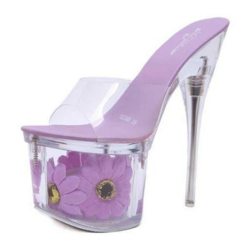 Women's Clear Transparent Flower Slipper Mules Slides Platform High Heel Sandals