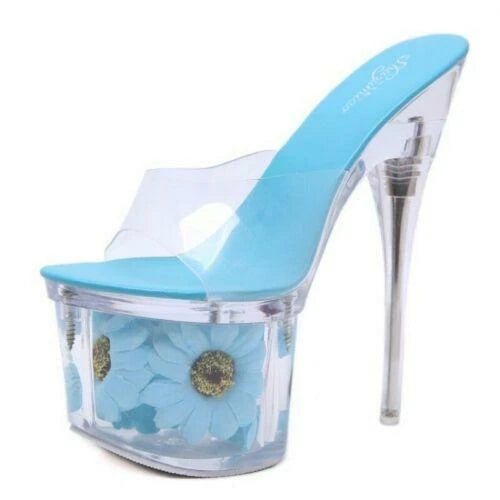 Women's Clear Transparent Flower Slipper Mules Slides Platform High Heel Sandals