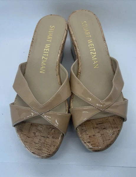 Stuart Weitzman CARMEN Platform Wedges 8 Adobe Slide Sandal Patent Leather $395
