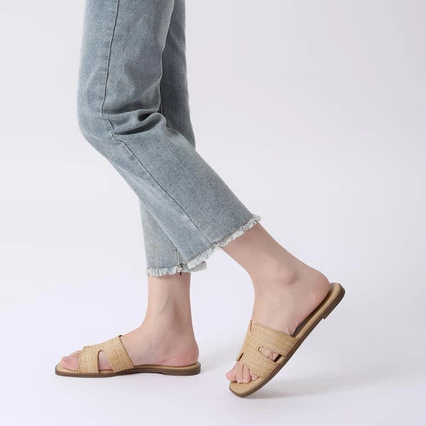Comfortable Women's Slip On Leather Raffia Flat Sandals Dressy Slide Shoes