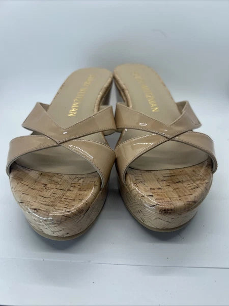 Stuart Weitzman CARMEN Platform Wedges 8 Adobe Slide Sandal Patent Leather $395