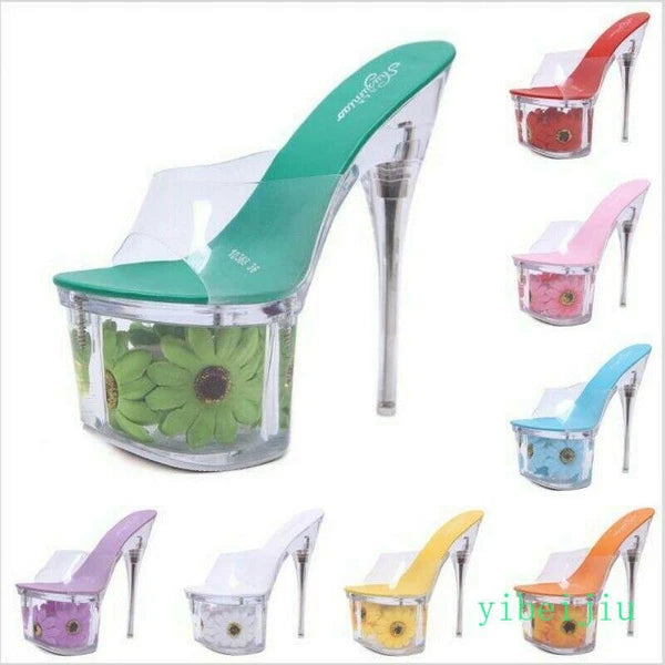 Women's Clear Transparent Flower Slipper Mules Slides Platform High Heel Sandals