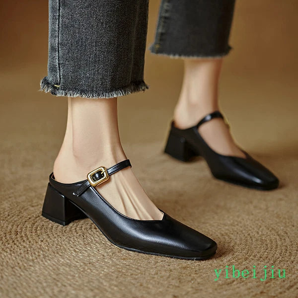 Women's Square Toe Mules Slides Low Heel Sandal Slingbacks Casual Shoes Office