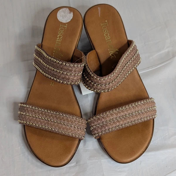TOSCANELLA Wedge Sandals Size 8 Handmade in Italy Tan Beaded Two Band  BOHO