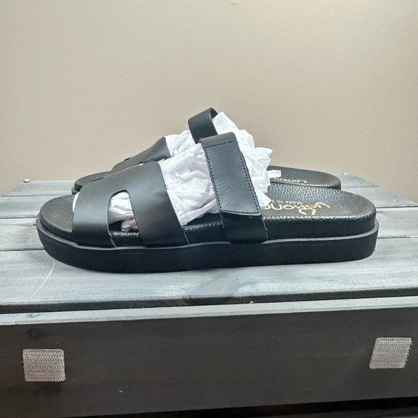 Yokono Black Leather Adjustable Strap Slides Sandals Women's US 7.5 EU 38