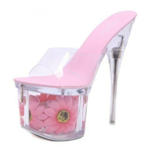 Women's Clear Transparent Flower Slipper Mules Slides Platform High Heel Sandals