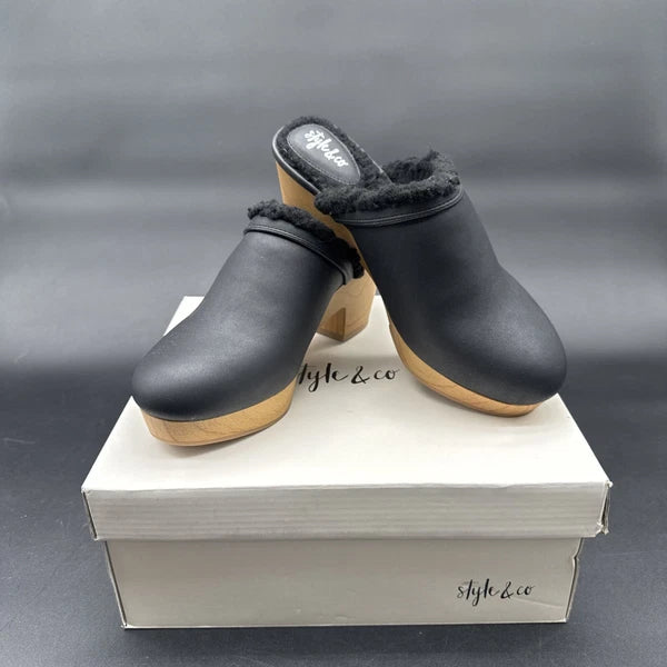 Style & Co Women's Tooma Slide Faux  Black Lined Clog Heeled Mules SZ 7.5 M NIB