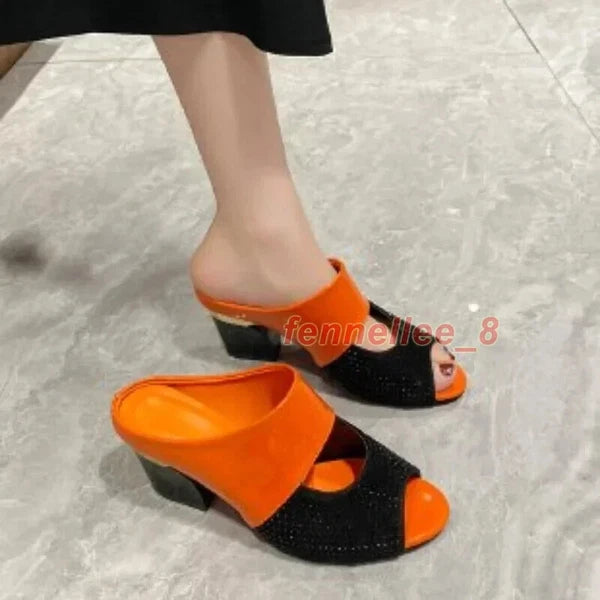 Women Sandals Square Heel Pumps Fashion Summer High Heels Slides Slippers Shoes