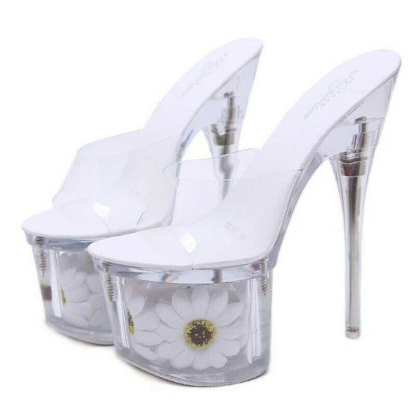 Women's Clear Transparent Flower Slipper Mules Slides Platform High Heel Sandals